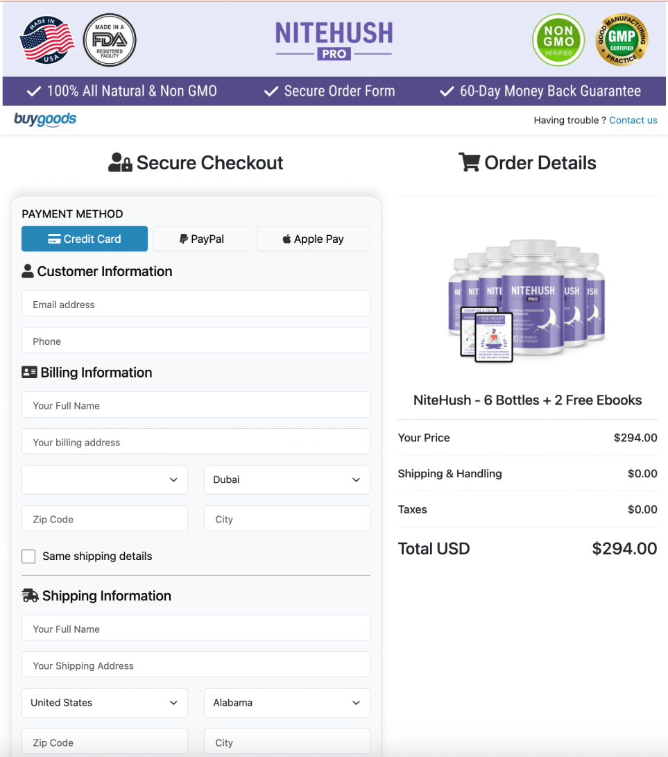 Secure checkout payment protection for NiteHush Pro order with safe online transaction