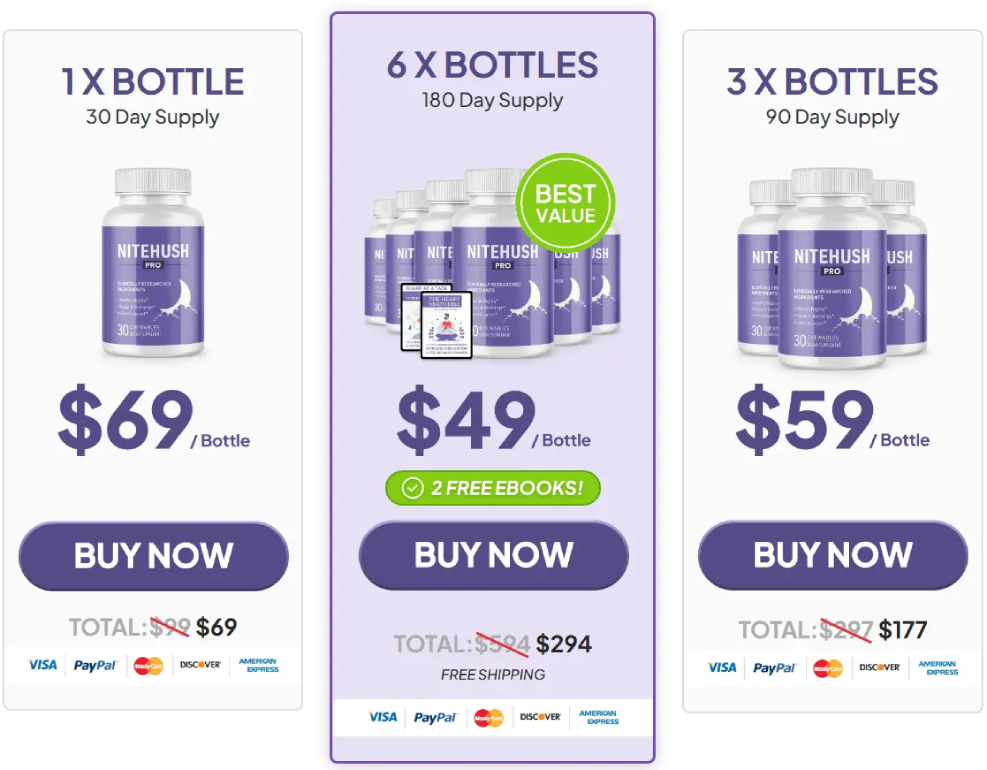 NiteHush Pro special bundle discount offer showing multiple bottle packages for sleep support